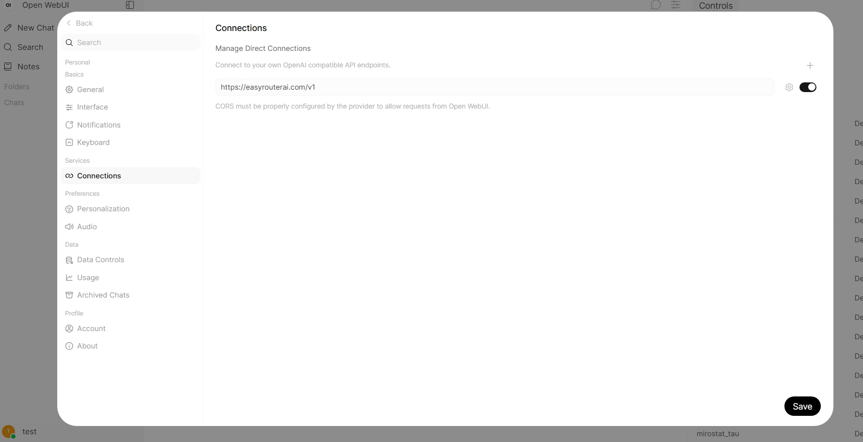 Open WebUI API settings